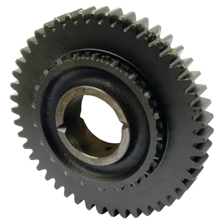 A large black metal gear with evenly spaced teeth, a central hole, and an inner ring for attachment, compatible with Fiat machinery. Branded as Sparex and identified by Sparex Part No. S.62554, this product is known as the Transmission Gear - 4th.