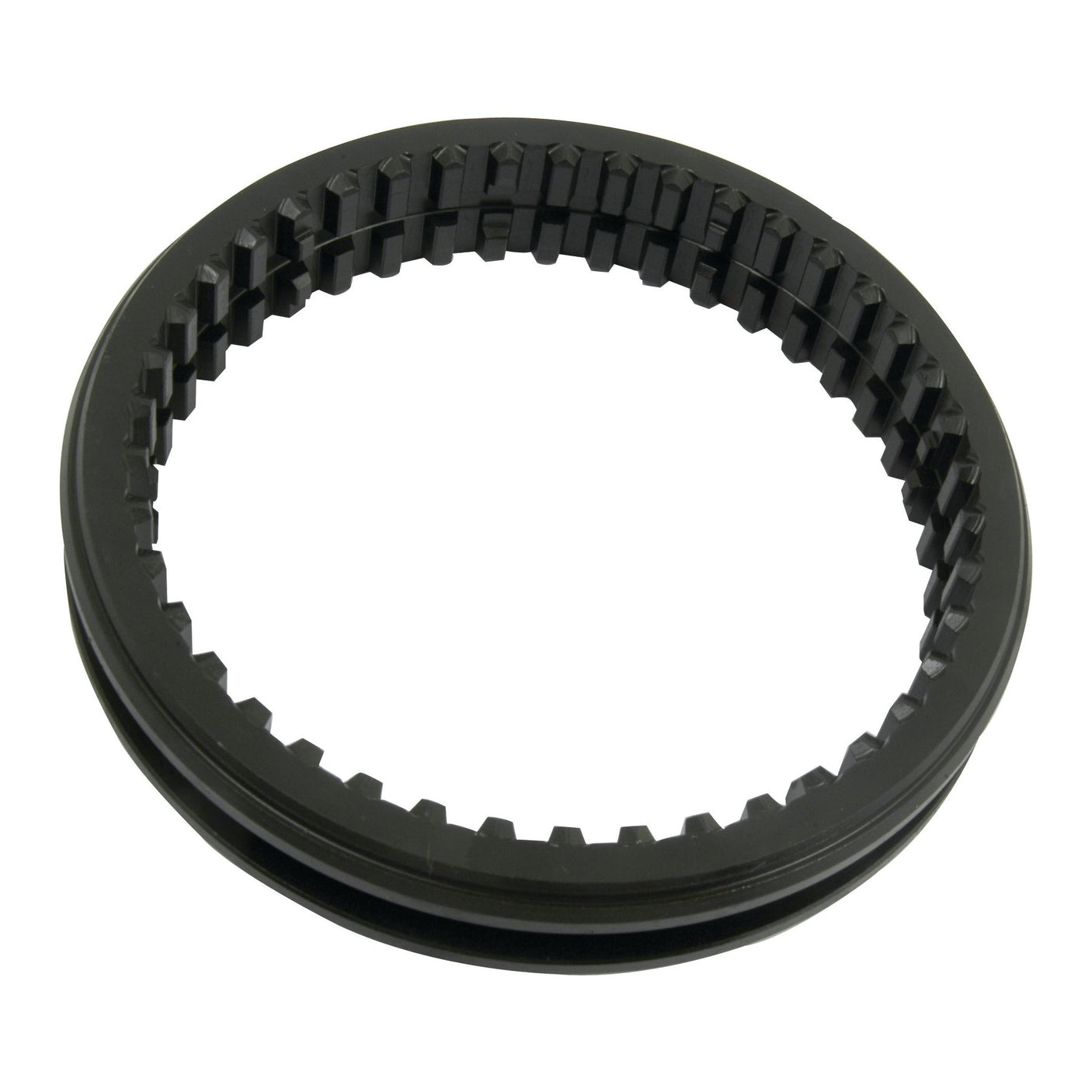 A black, circular plastic gear with evenly spaced teeth around its inner edge, akin to the precision of a Synchronizer Cone Outer (Sparex Part No.S.62559) by Sparex.