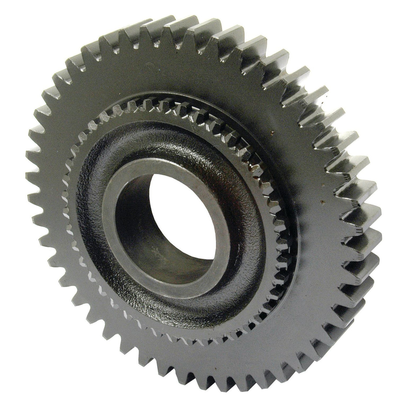 Image of the Sparex Transmission Gear - 1st (Part No. S.62565), featuring interlocking teeth and a central hole, designed from black steel for use in machinery, commonly found in International Harvester tractor parts.