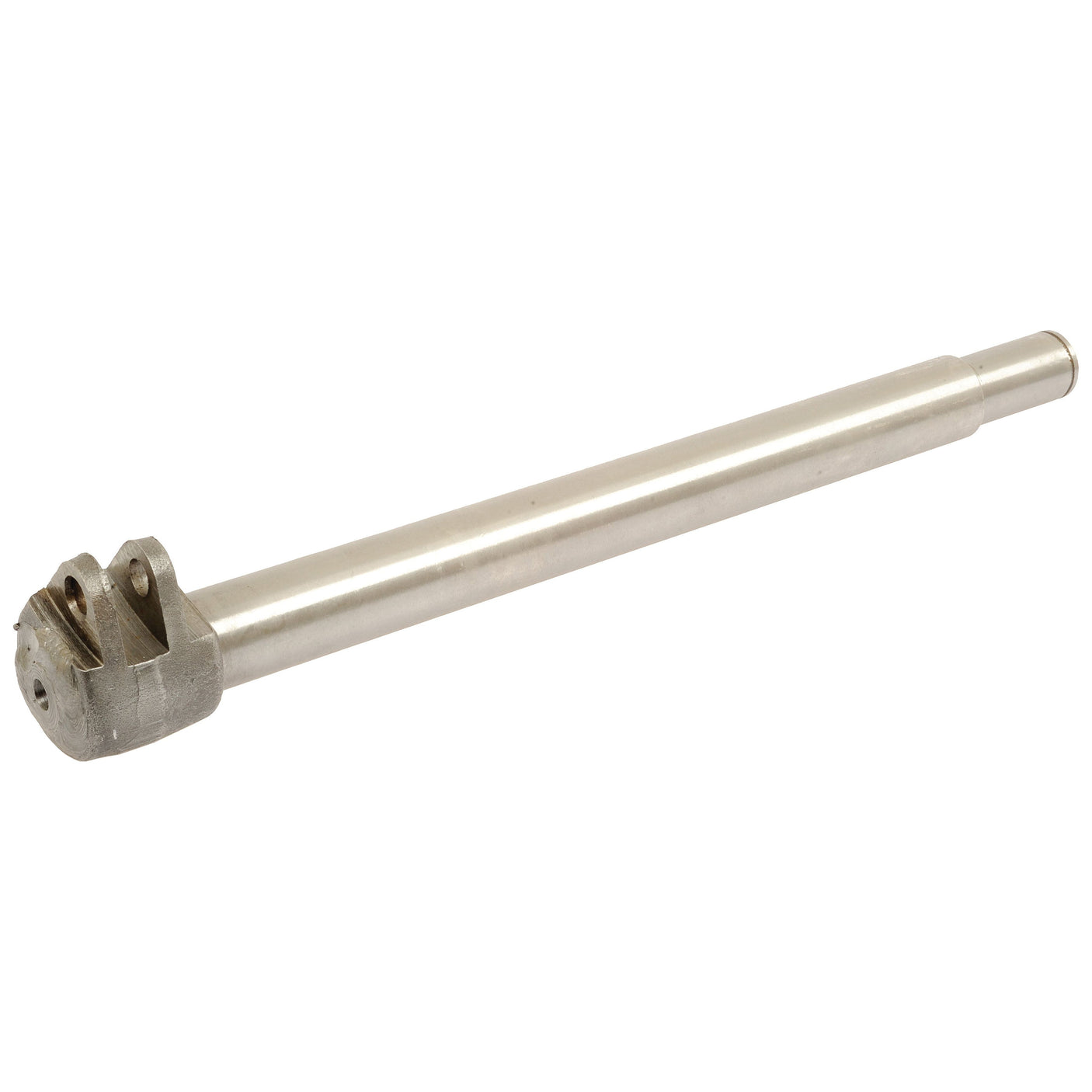 The Brake Shaft (Sparex Part No. S.62570) by Sparex is a metal cylindrical rod with a machined end featuring multiple grooves and holes, commonly used in Case IH and Fiat machinery.