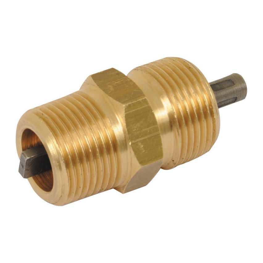 The Sparex Tacho Drive Adaptor (Part No. S.62596) is a brass hex nipple with threads on both ends and a protruding metallic pin at one end, designed specifically for vintage Allis Chalmers tractors.