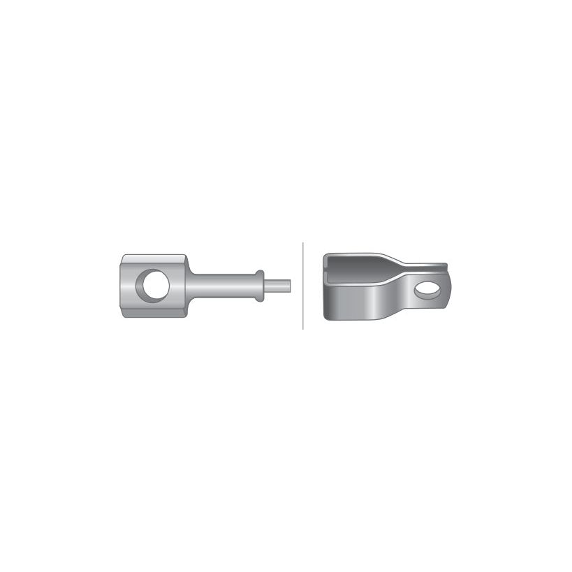 A simple diagram showcases two metallic engineering components side by side: the one on the left features a rod, holes, and a cylindrical end, while the one on the right has a rectangular structure with a hole. These components are likely parts from Sparex designed for adjusting the PTO cable length on machinery such as the Fiat 880. The specific product is identified as PTO Cable - Length: 1010mm, Outer cable length: 742mm (Sparex Part No. S.62629).