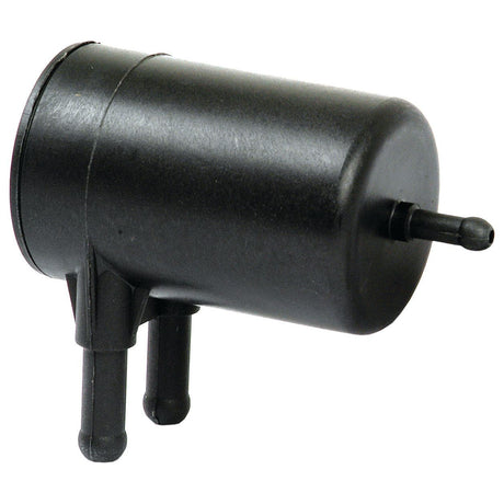 A small black cylindrical component with three port connectors, the Sparex Fuel Reservoir (Part No. S.62678) is commonly used in automotive or industrial applications for filtering and is ideal for use in tractor parts available at Sparex.