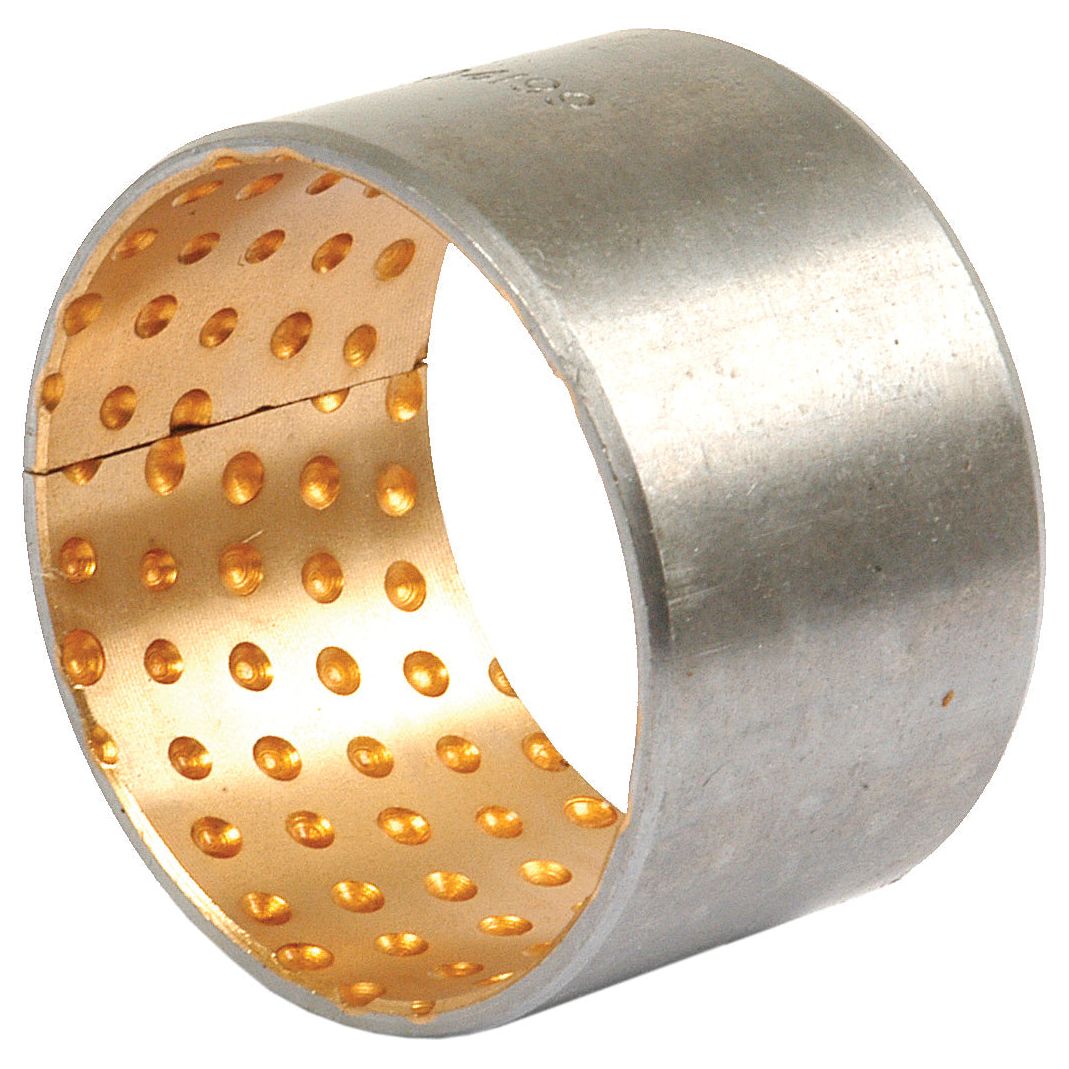 Sparex Spindle Bush (Part No. S.62767) is a metal cylindrical bushing with perforations, featuring a gold-colored inner lining and a smooth silver-colored exterior. Ideal for use in agricultural machinery, including models from International Harvester.