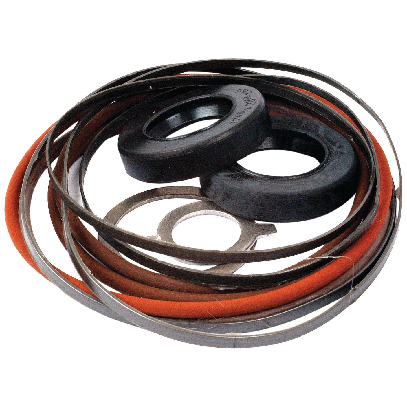 The Seal Kit | Sparex Part No. S.62807 by Sparex features a collection of rubber and metal washers and rings, ideal for use with Power Steering pumps. The components are arranged in a pile and boast circular shapes in varying colors of black, orange, and metallic.