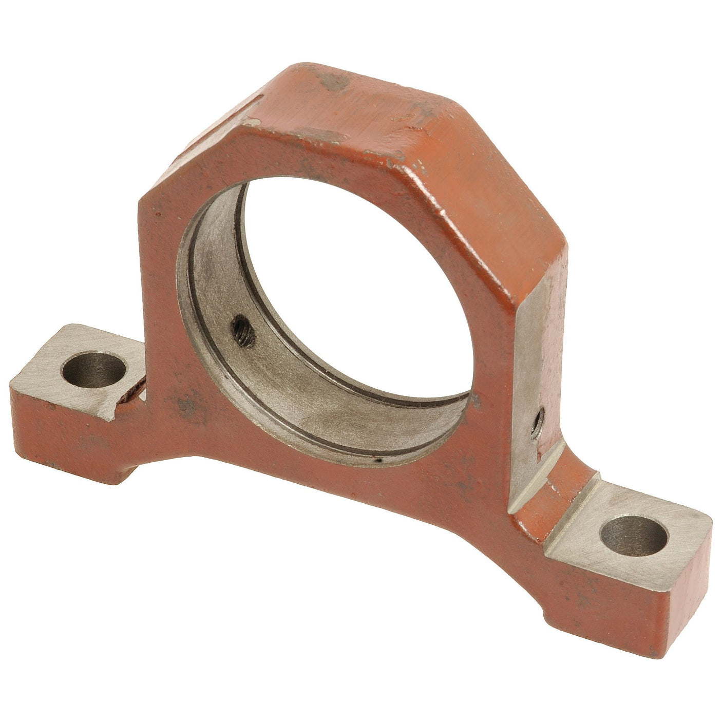 The Sparex Support (Sparex Part No. S.62812) is a metal bearing housing bracket, featuring a circular opening and two bolt holes on a flat base with a red and silver finish, ideal for Case IH machinery.