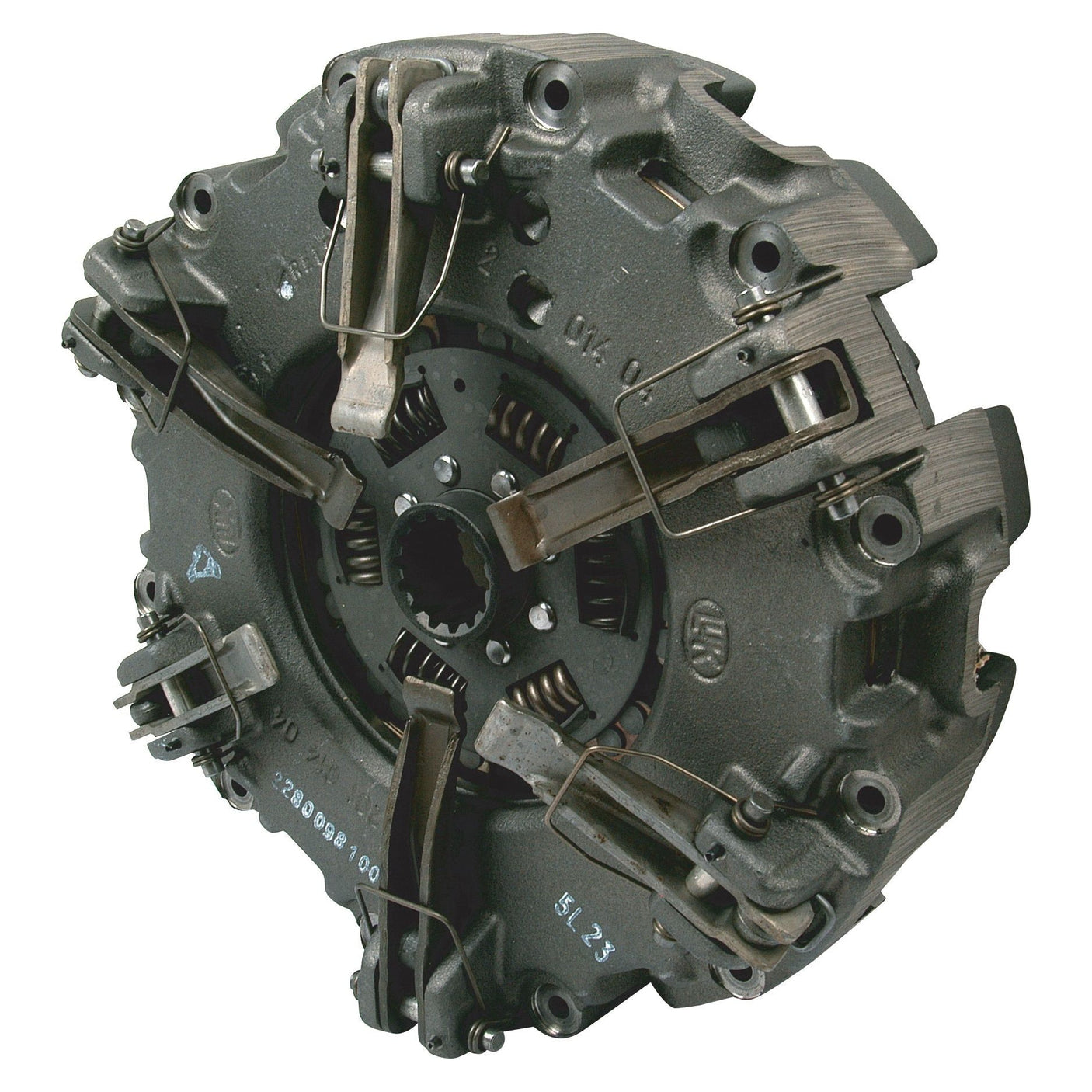 Close-up of the Sparex Clutch Cover Assembly - S.62814 with visible springs and levers, showcasing its intricate mechanical components and rugged cast iron design.