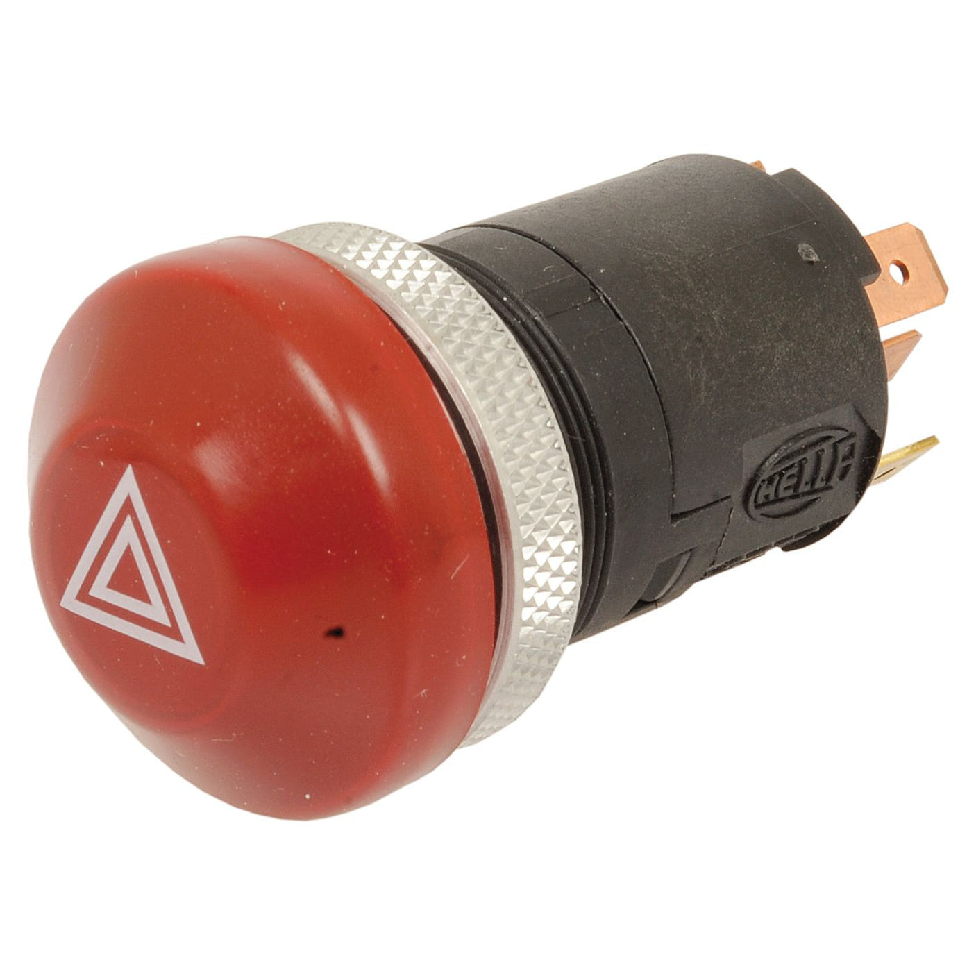 A Sparex Hazard Light Switch (Sparex Part No. S.62892) featuring a red emergency stop button with a triangular warning symbol, and a black cylindrical base with copper connectors, reminiscent of those found in Fiat vehicles.