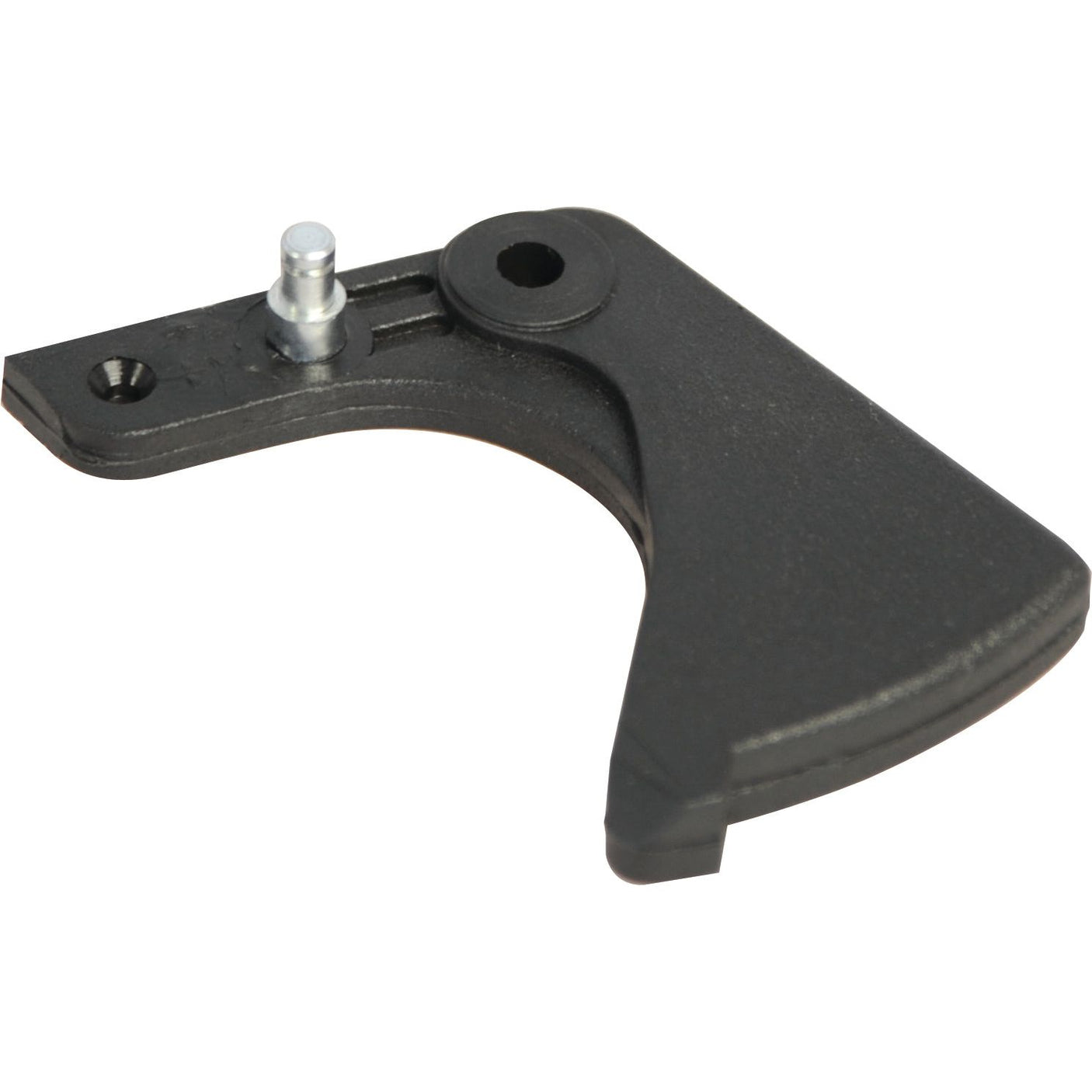 The Sparex Hydraulic Lift Arm, Part No. S.62965, is a black metal hinge bracket designed with an angular structure and a smooth finish. It features a pivot pin and mounting hole, making it ideal for use in Fiat and Case IH machinery.