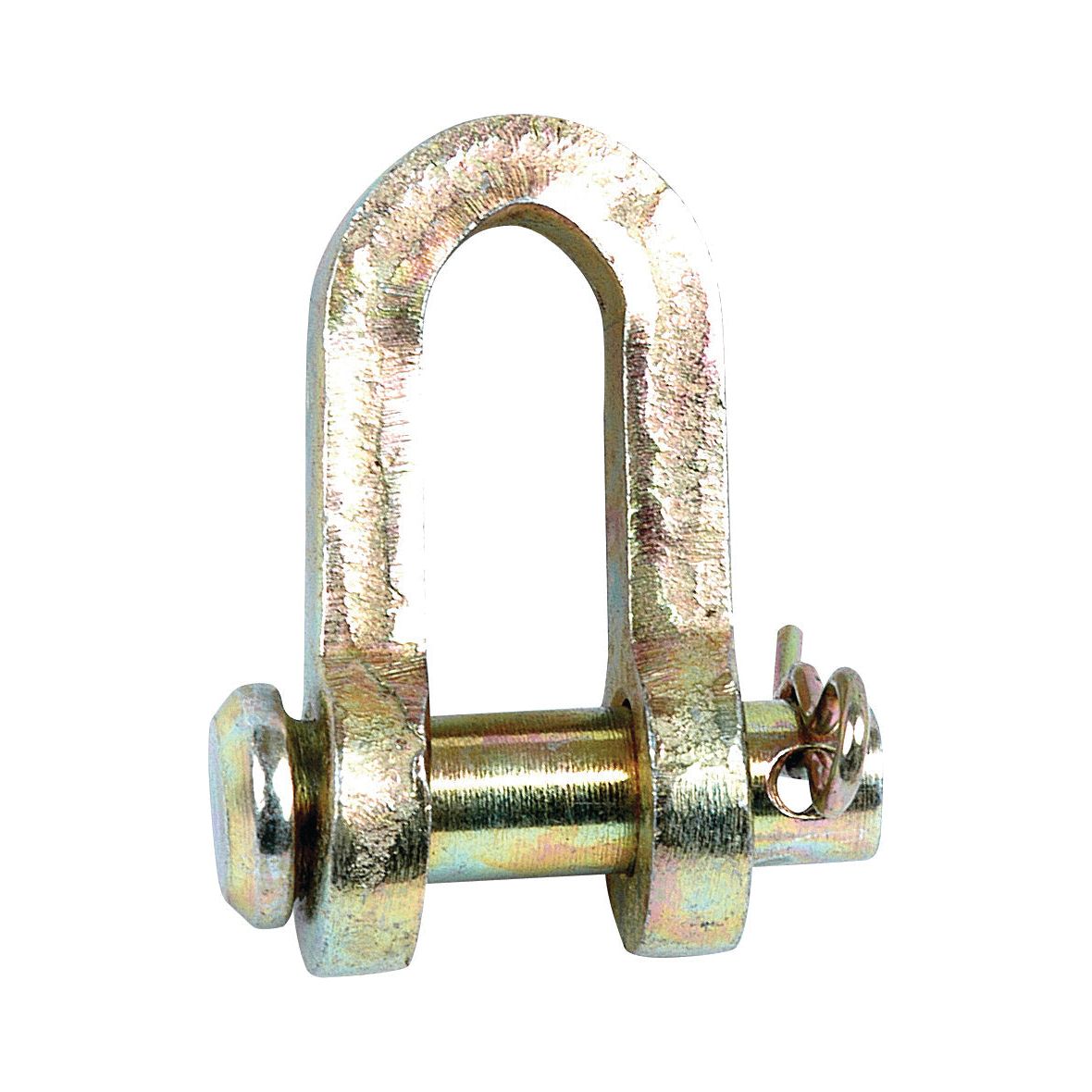 Close-up of a Sparex D Shackle, Pin Ø9mm, Jaw Width: 11mm - S.62, with a galvanized mild steel pin secured by a spring clip.