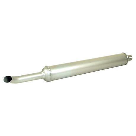 The Silencer - Horizontal - S.6300 from Sparex features a metallic exhaust muffler with a cylindrical body and a curved exhaust pipe on one end, all coated in aluminum heat-resistant paint for enhanced durability.