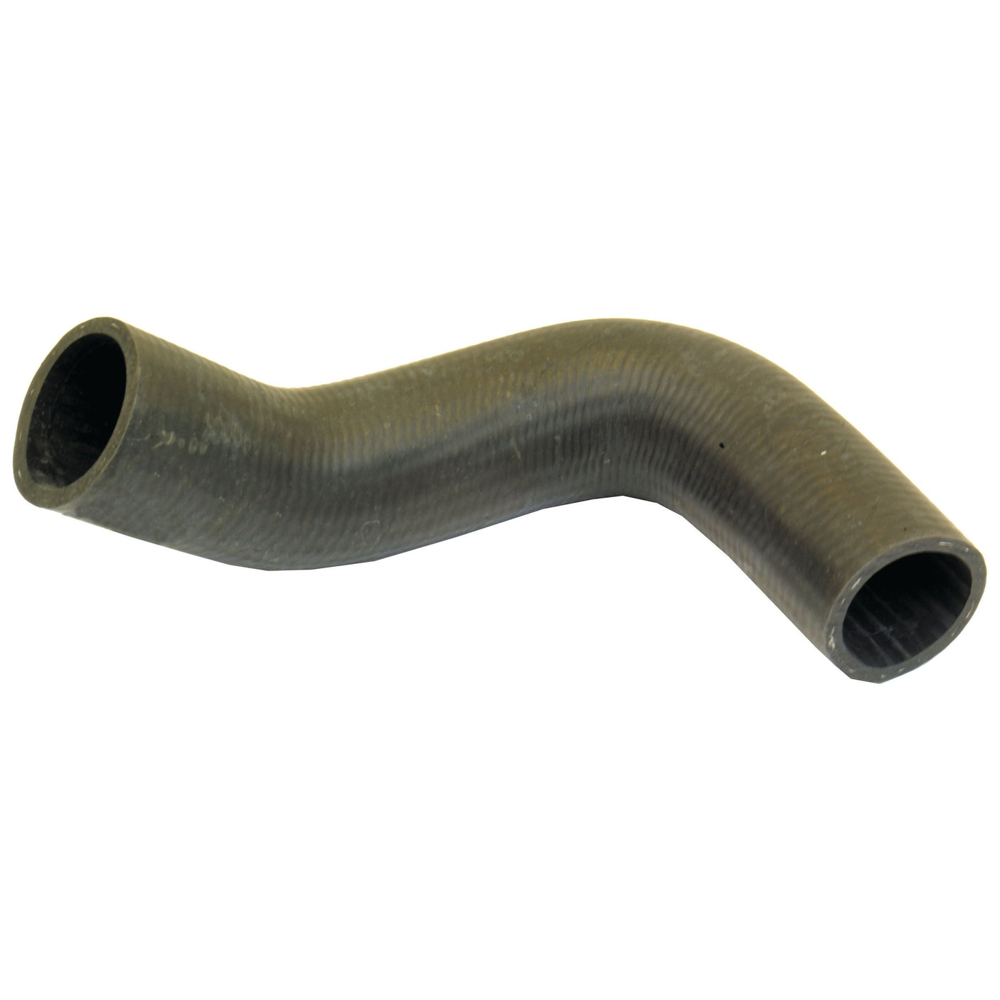 The Top Hose by Sparex (Sparex Part No.S.63011) is a bent rubber hose featuring a textured surface and open ends. It has a curved, elbow-like shape suitable for fluid transport or vehicle components, with an inner diameter of 36mm at both the smaller and bigger ends. Compatible with John Deere machinery, it may require a hose clip for secure installation.