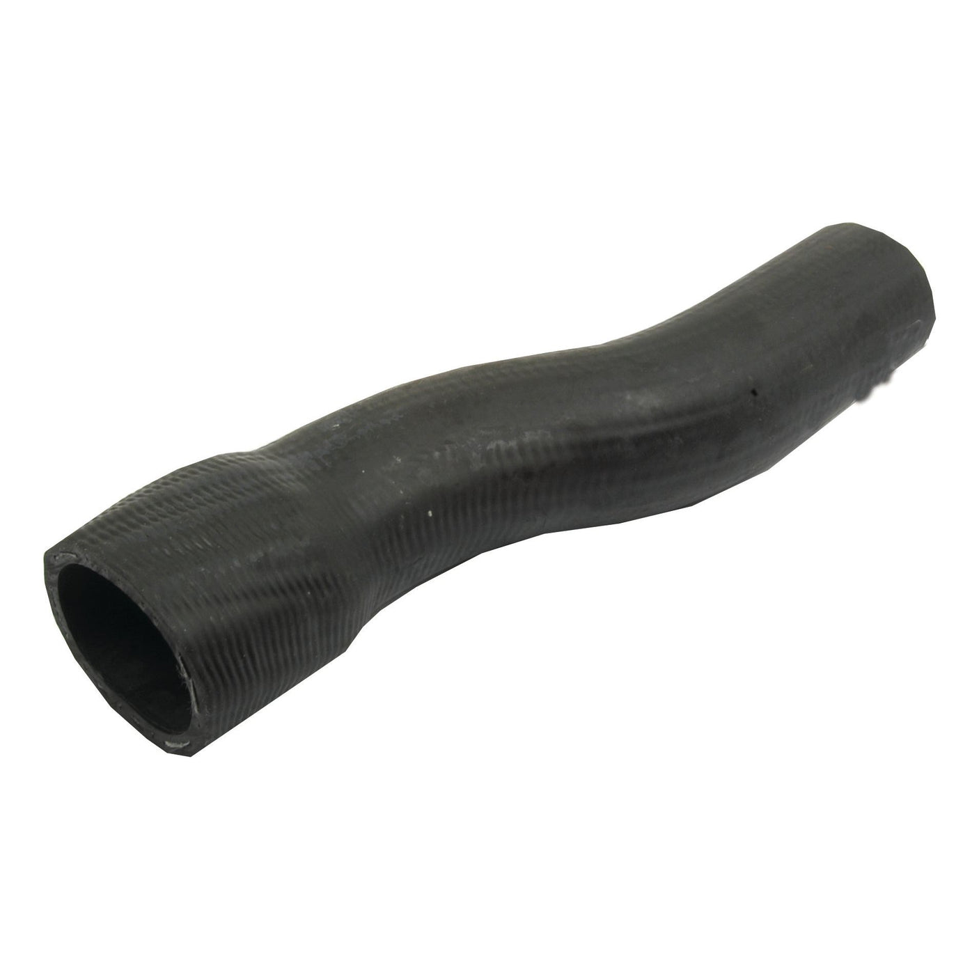 A black, curved rubber hose is shown against a white background. The Sparex Top Hose, with an inner diameter of 36mm at the smaller end and 47.75mm at the bigger end (Sparex Part No.S.63020), has a textured surface and is slightly flexible.