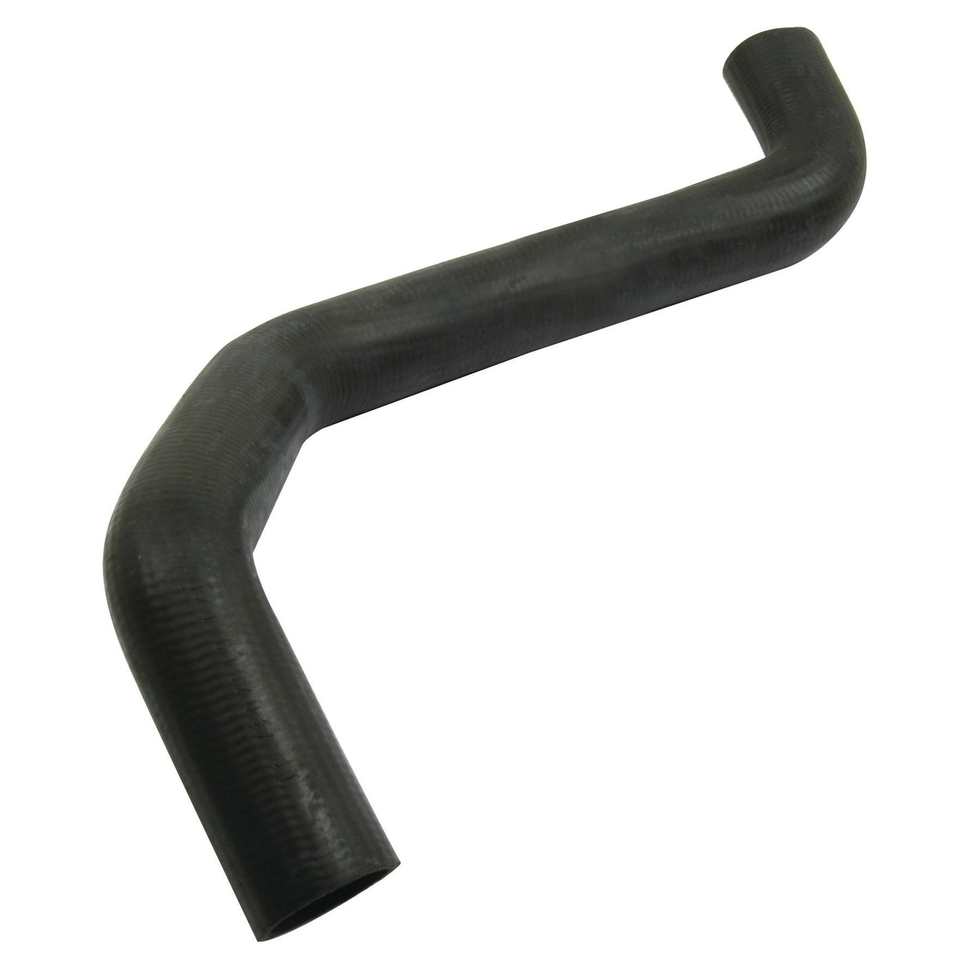 A black, L-shaped rubber hose with a slight curve in the middle, featuring a secure hose clip for added stability. This is the Sparex Top Hose (Part No.S.63021), with an inner diameter of 38mm at the smaller end and 40mm at the bigger end.