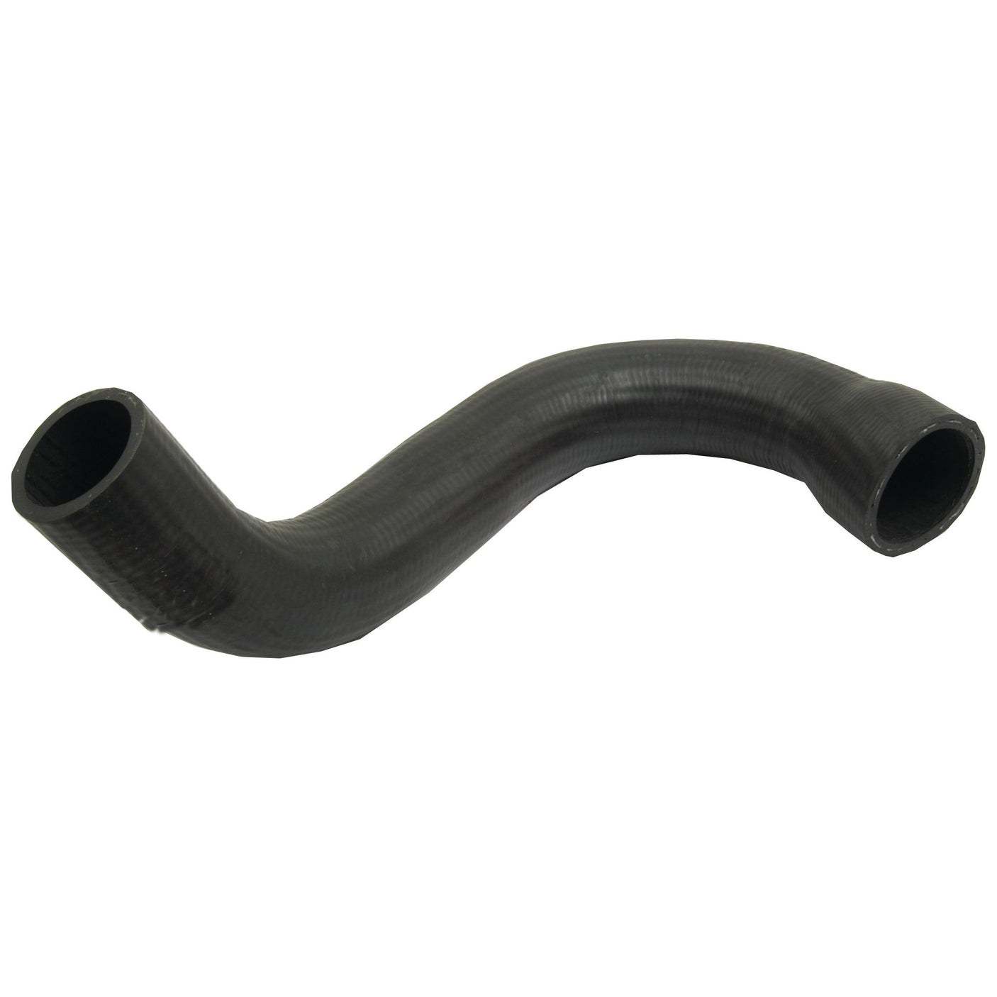 The Sparex Bottom Hose S.63023 is a black, S-shaped curved rubber hose featuring open ends with inner diameters of 38mm and 48mm at the smaller and larger ends, respectively. It is ideal for mechanical or plumbing applications and can be securely fastened using a reliable hose clip.