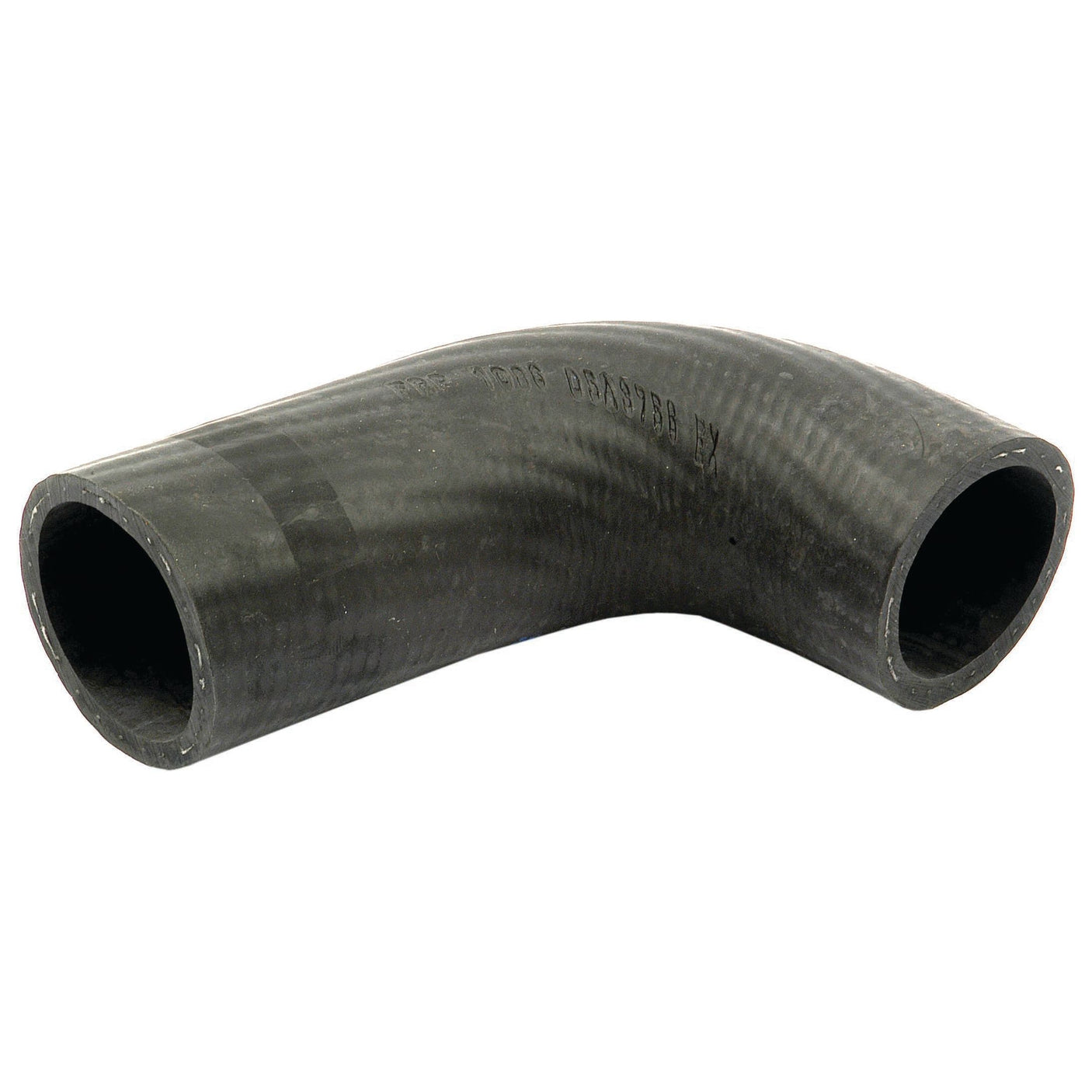 A black, curved rubber hose with a 38mm diameter on both ends, suitable for use with International Harvester machinery. This is the Top Hose by Sparex, part number S.63027.