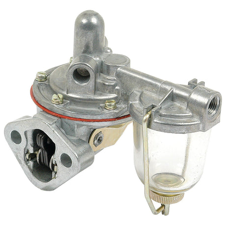 The Sparex Fuel Lift Pump (Part No. S.63033) is a robust mechanical lift pump featuring a metal body and a glass sediment bowl, specifically designed for use in Case IH and David Brown internal combustion engines.