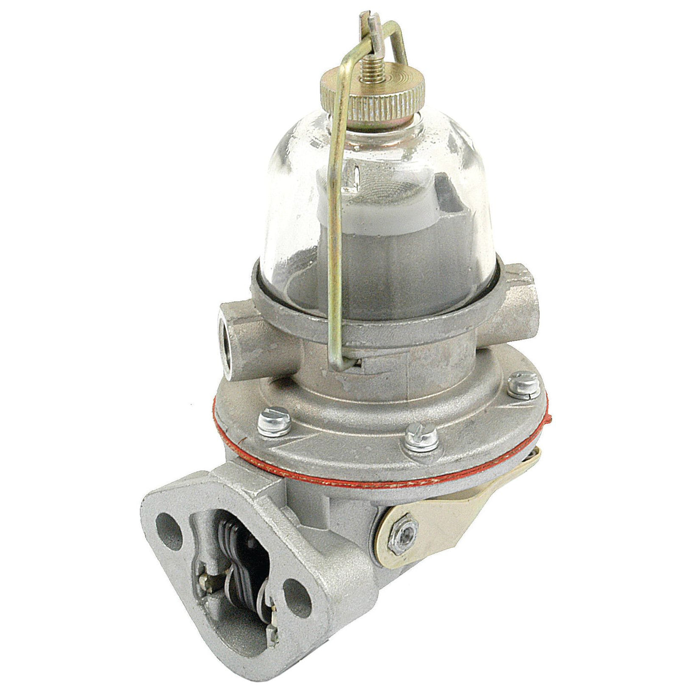 The Sparex Fuel Lift Pump, Part No. S.63034, designed for internal combustion engines on David Brown tractors, features a durable metal body and a glass top with an inlet and outlet for fuel.