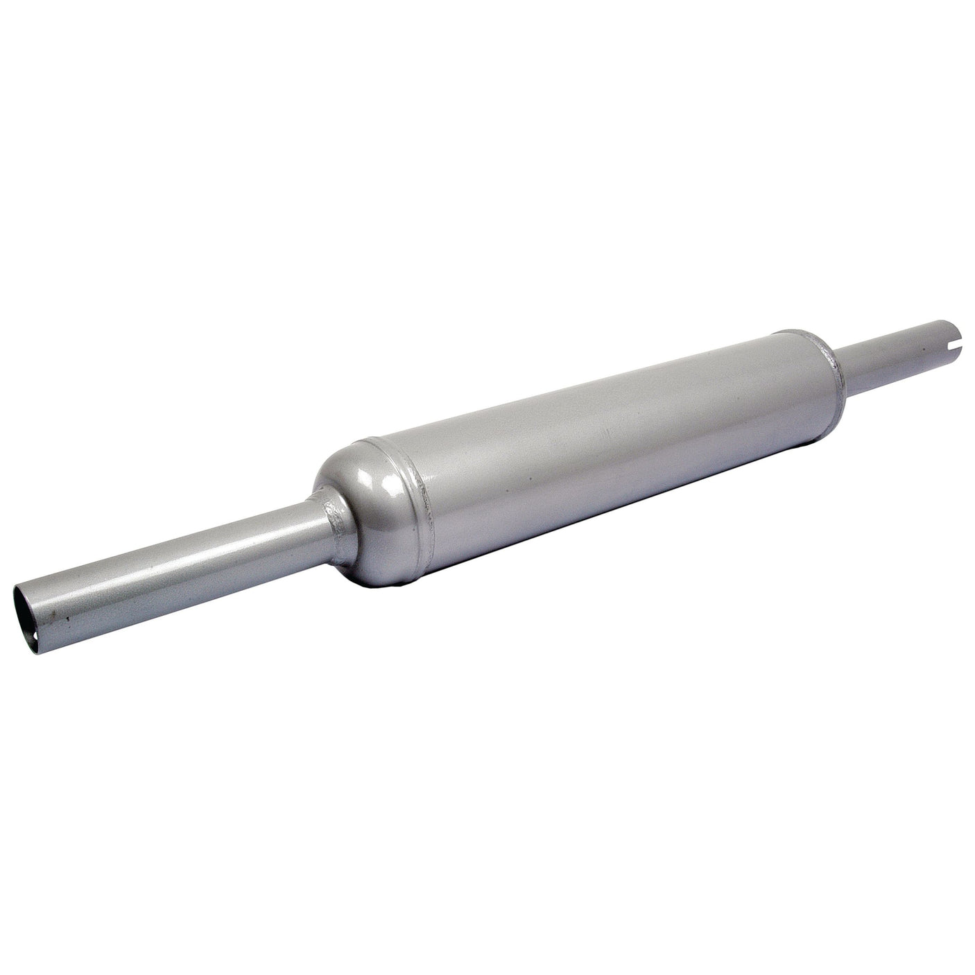 A cylindrical metallic object with a slightly wider middle section and narrower ends, resembling the Sparex Silencer - Vertical - S.6303 with an aluminium finish.