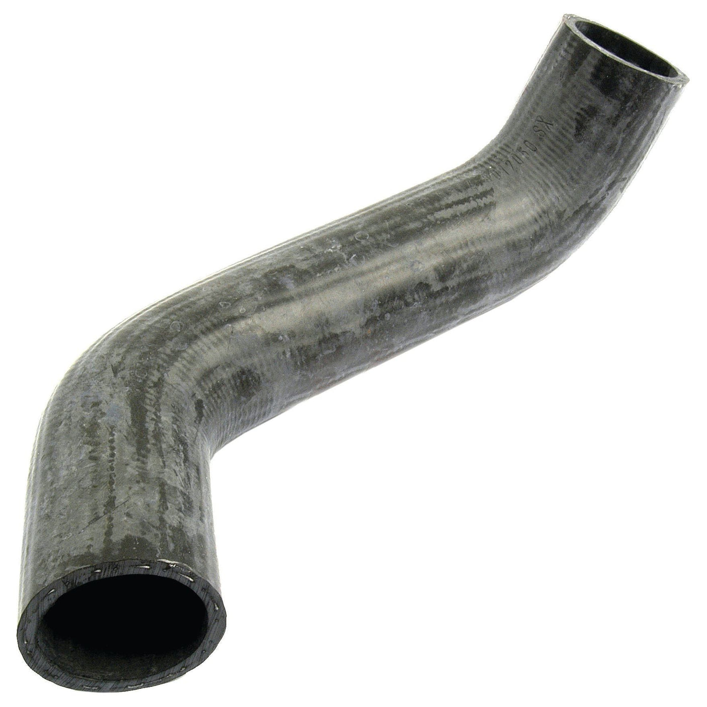 A black, L-shaped Top Hose from Sparex, featuring a textured exterior surface and an inner diameter of 44mm at both ends, secured by a Rubber hose clip for extra stability. (Sparex Part No. S.63044)