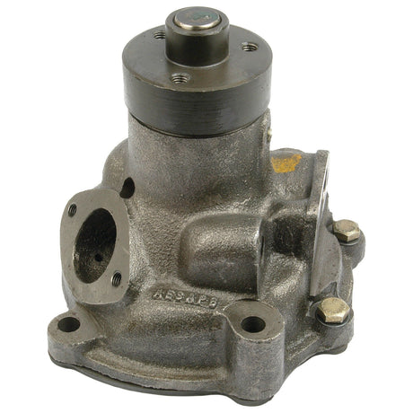 A metal mechanical part featuring multiple mounting holes, a cylindrical top section, and several protrusions and indentations for connections or components, akin to the Water Pump Assembly (Supplied with Pulley) - S.63049 by Sparex.