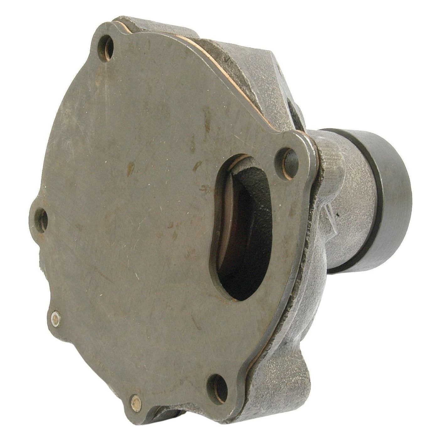 Close-up of a metallic automotive Water Pump Assembly (Supplied with Pulley) - S.63049 component featuring a bolted, circular cover, a cylindrical extension, and a Sparex Impeller.