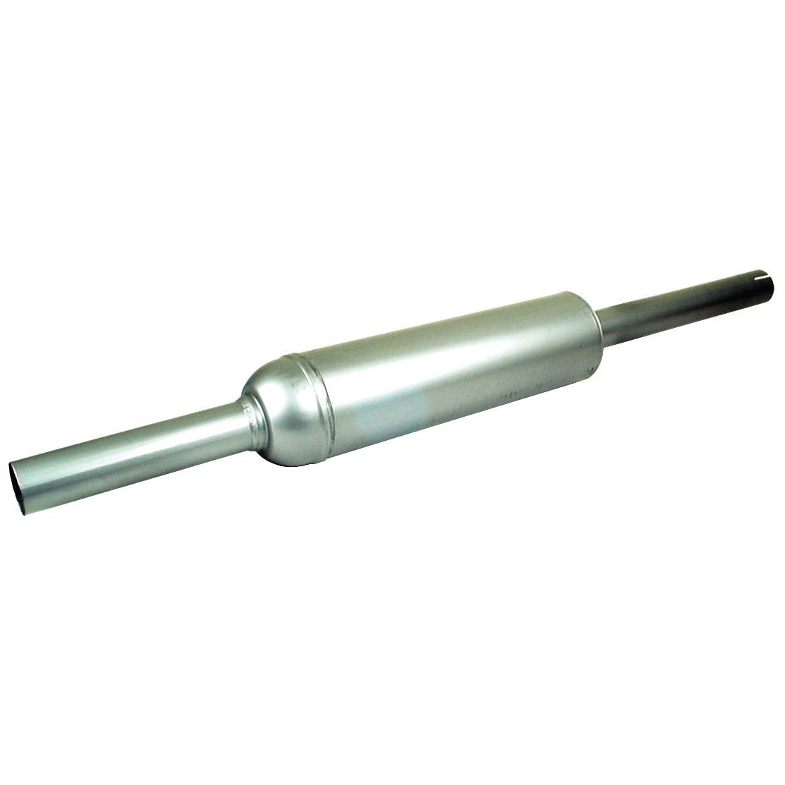 The Silencer - Vertical - S.6304 by Sparex, a sleek, silver cylindrical muffler with an aluminium finish designed for a vehicle exhaust system, is displayed against a white background. This vertical silencer boasts an overall length of 1000mm.