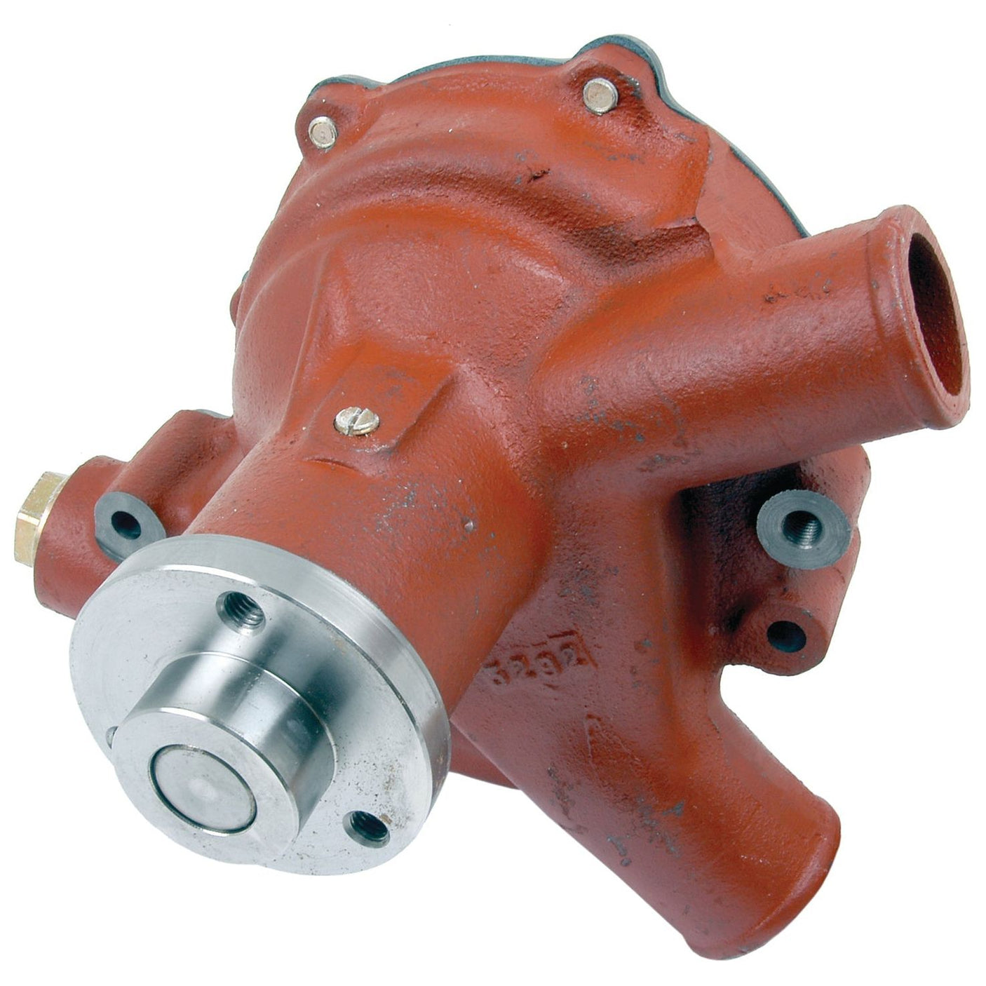 A red Water Pump Assembly (Supplied with Pulley), Sparex Part No.S.63050 by Sparex, featuring multiple pipe connectors, a central cylindrical metal component, and several mounting points is depicted against a white background, reminiscent of the robust build found in Fiat 850 machinery.