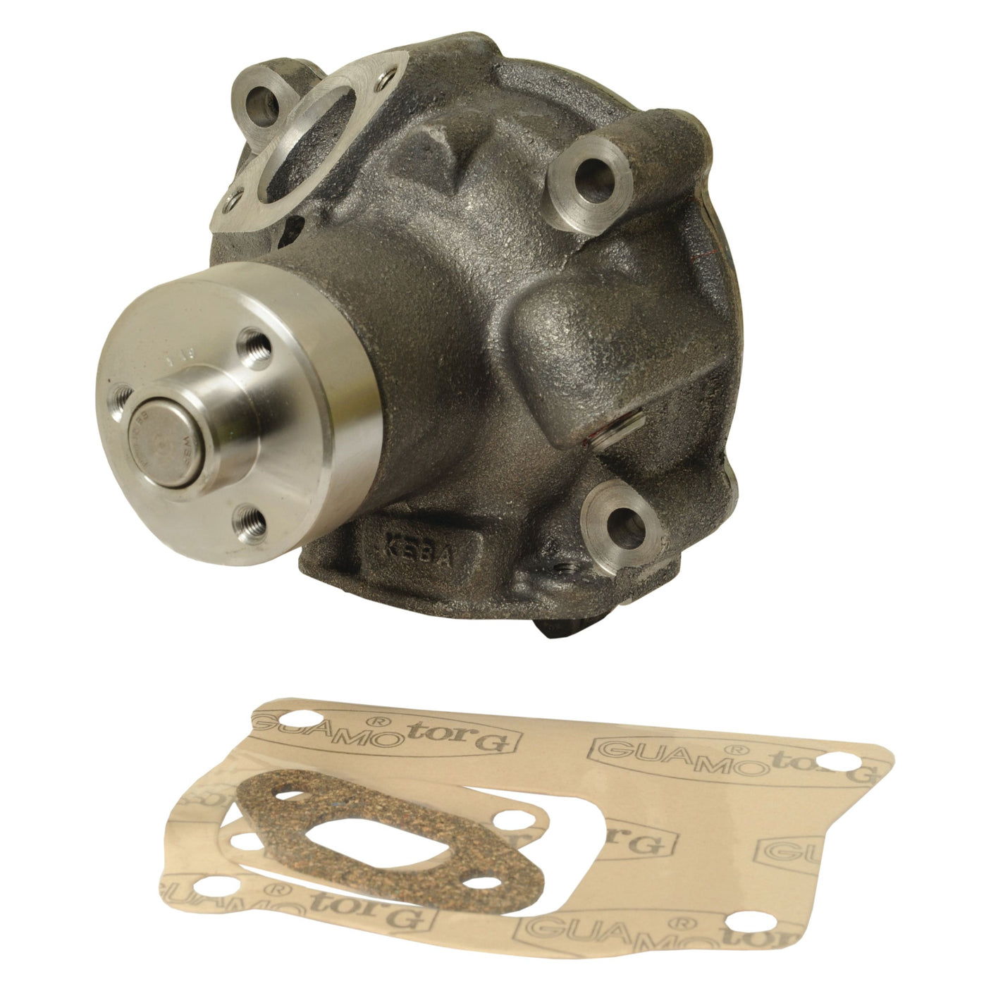 A Water Pump Assembly (Supplied with Pulley) - S.63052 by Sparex with a gasket set placed below it on a white background.