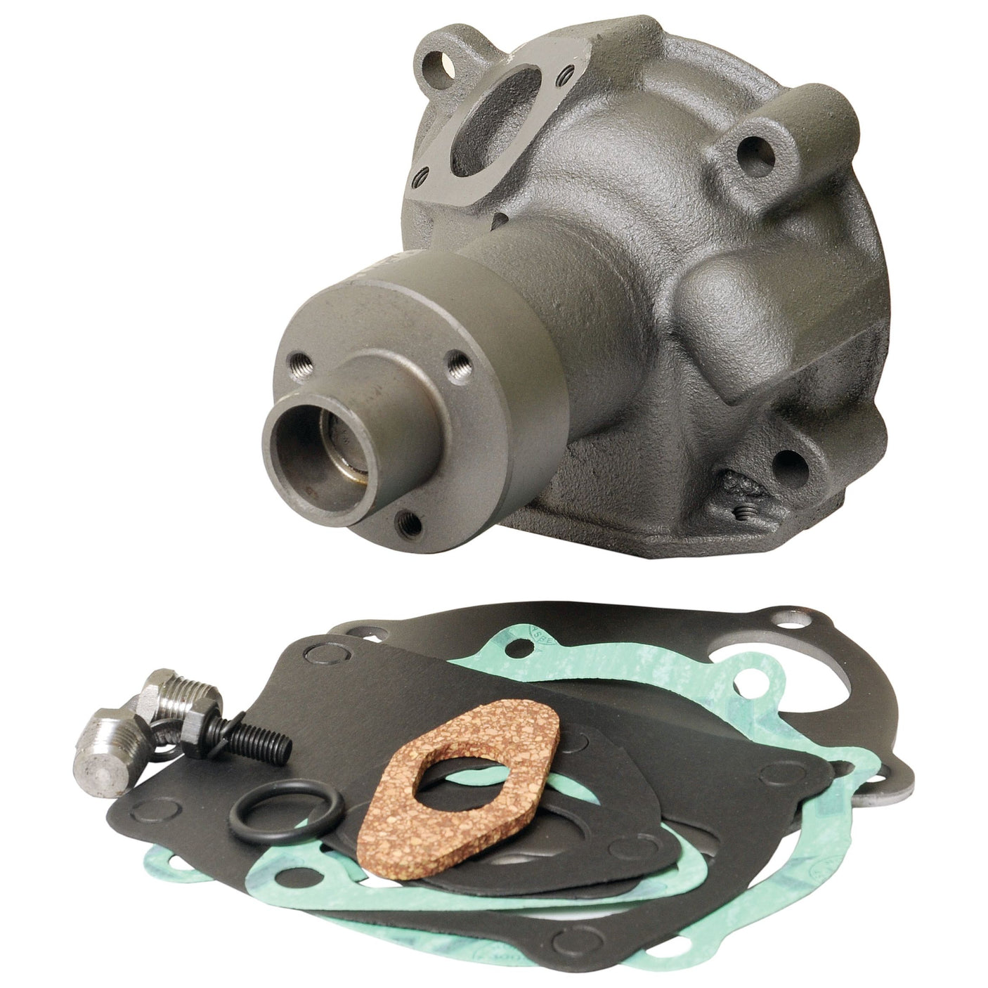 A Sparex Water Pump Assembly (Supplied with Pulley) - S.63055, complete with several gaskets and bolts, along with a Sparex Impeller S.62260, all designed for installation in an automotive engine.