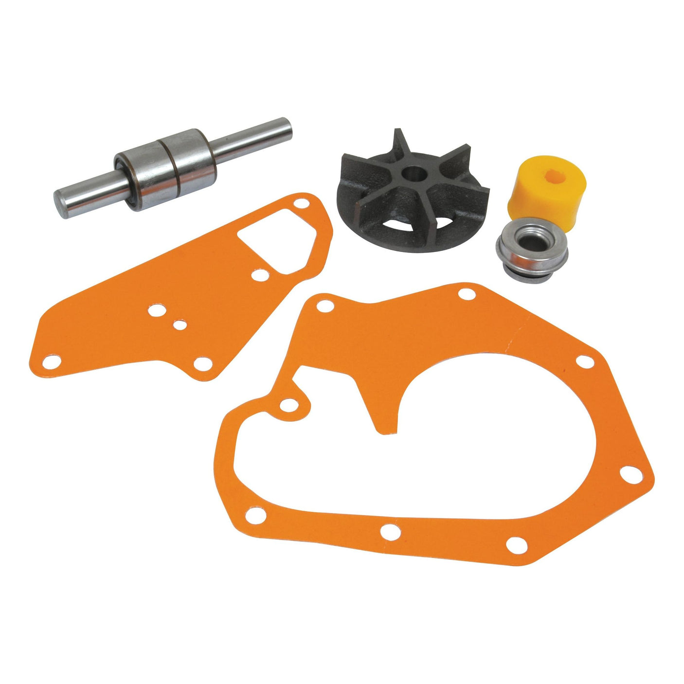 Assorted mechanical parts, including a gasket, bearing, impeller, and other components organized on a white surface. Ideal for those in need of the Sparex Water Pump Repair Kit (Part No. S.63067) or working with John Deere machinery.