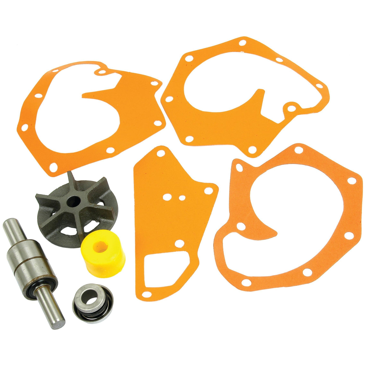 A collection of orange gaskets, a metal shaft, a black impeller, and a yellow component from the Water Pump Repair Kit (Sparex Part No. S.63068) by Sparex arranged on a white background.