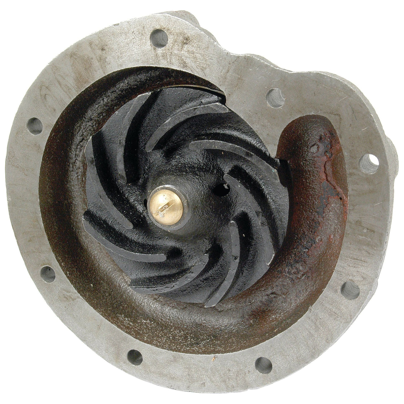 Close-up of the Sparex Water Pump Assembly (Supplied with Pulley) - S.63070, showcasing a coiled, spiraled design and a corroded, metallic exterior with hub holes.