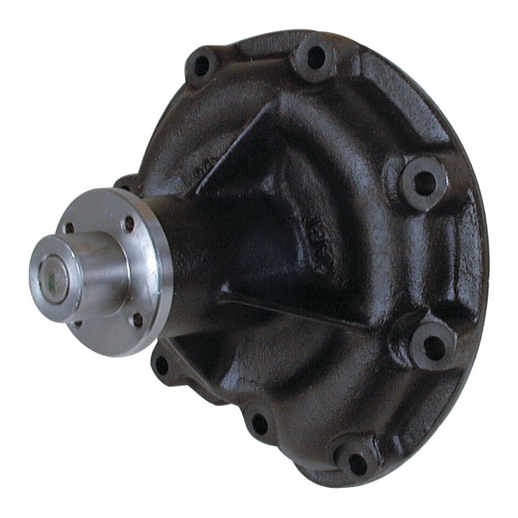 Close-up of the Sparex Water Pump Assembly (Supplied with Pulley), Part No. S.63071, featuring a black metal flange with multiple bolt holes and a central protruding cylindrical shaft, reminiscent of the robust engineering found in Case IH machinery.