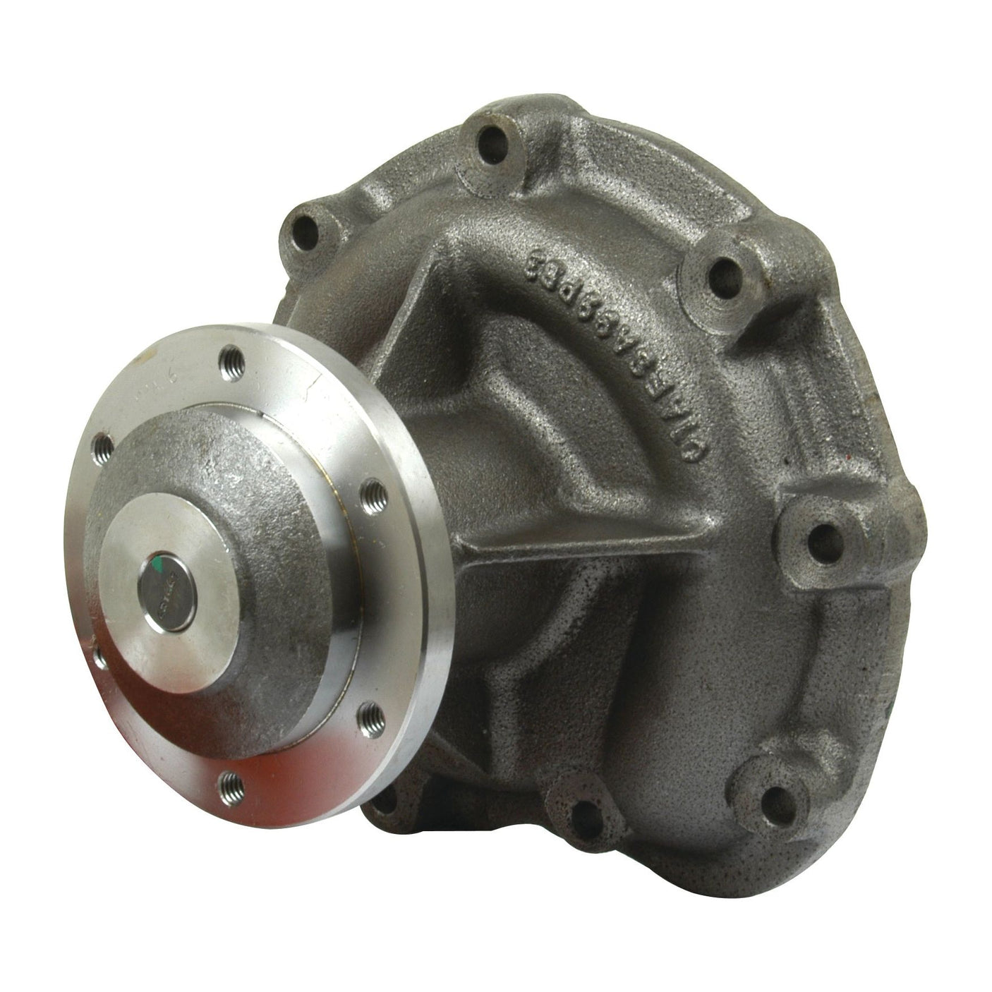 A Sparex Water Pump Assembly (Supplied with Pulley), Part No. S.63072, featuring an industrial metal valve housing with multiple bolt holes, a central circular component, and an integrated impeller.