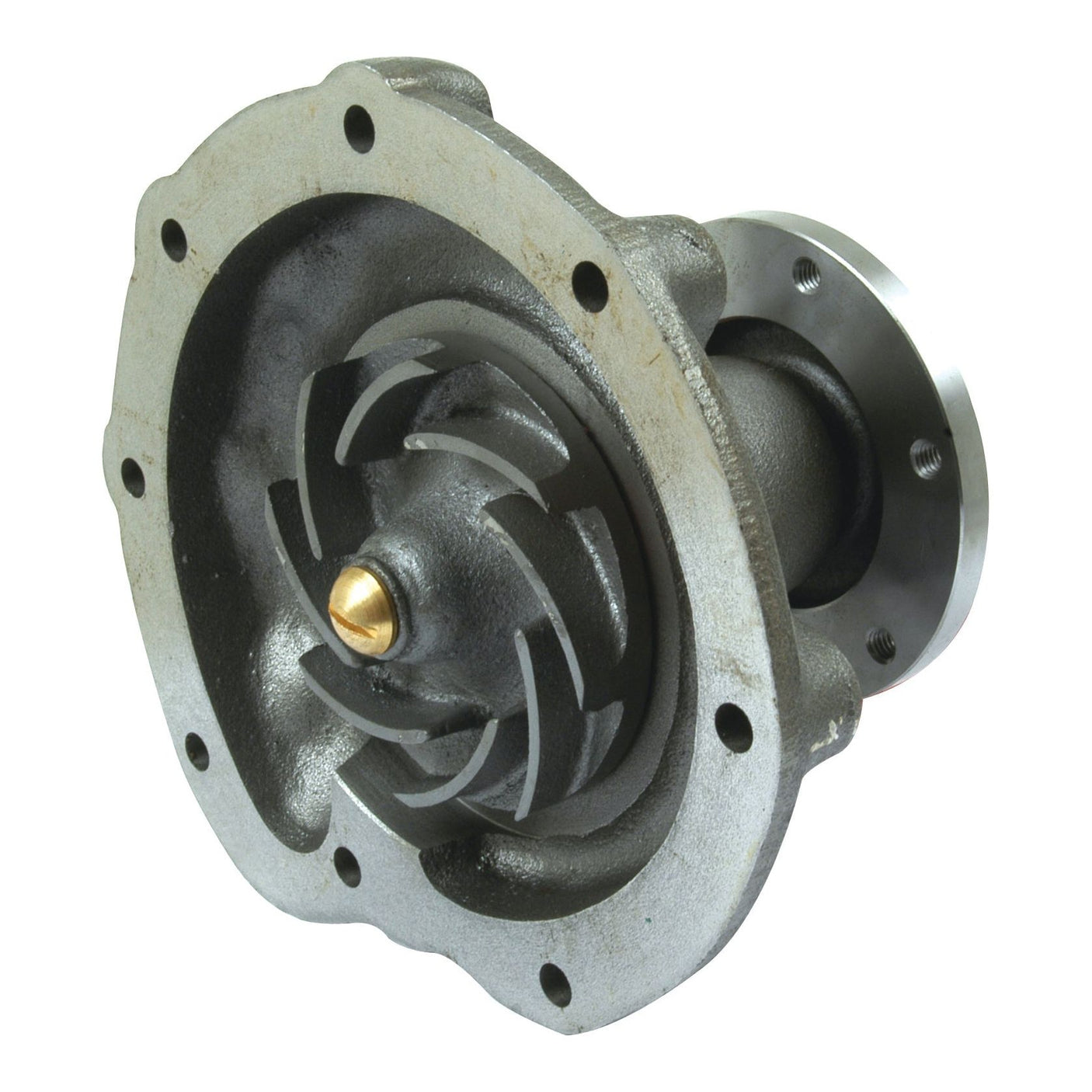 The Water Pump Assembly (Supplied with Pulley) by Sparex, Part No. S.63072, displayed from an angled view, showcases a central rotating component and surrounding flange holes for mounting. Ideal for International Harvester models, it ensures optimal performance and durability.
