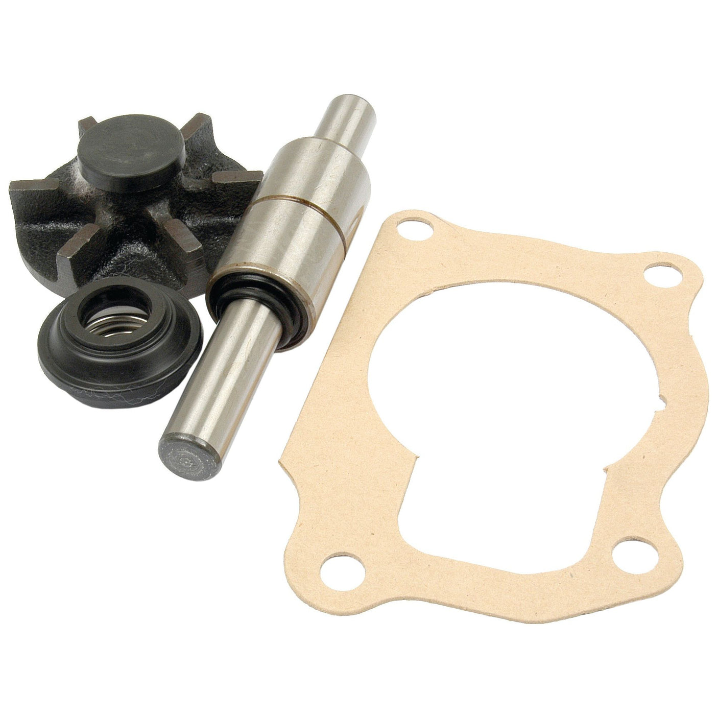 Introducing the Water Pump Repair Kit: Sparex Part No. S.63074—a comprehensive mechanical assembly kit from Sparex, featuring a metal shaft with bearings, a black impeller, a rubber seal, and a beige gasket, exclusively designed for Case IH and International Harvester models.