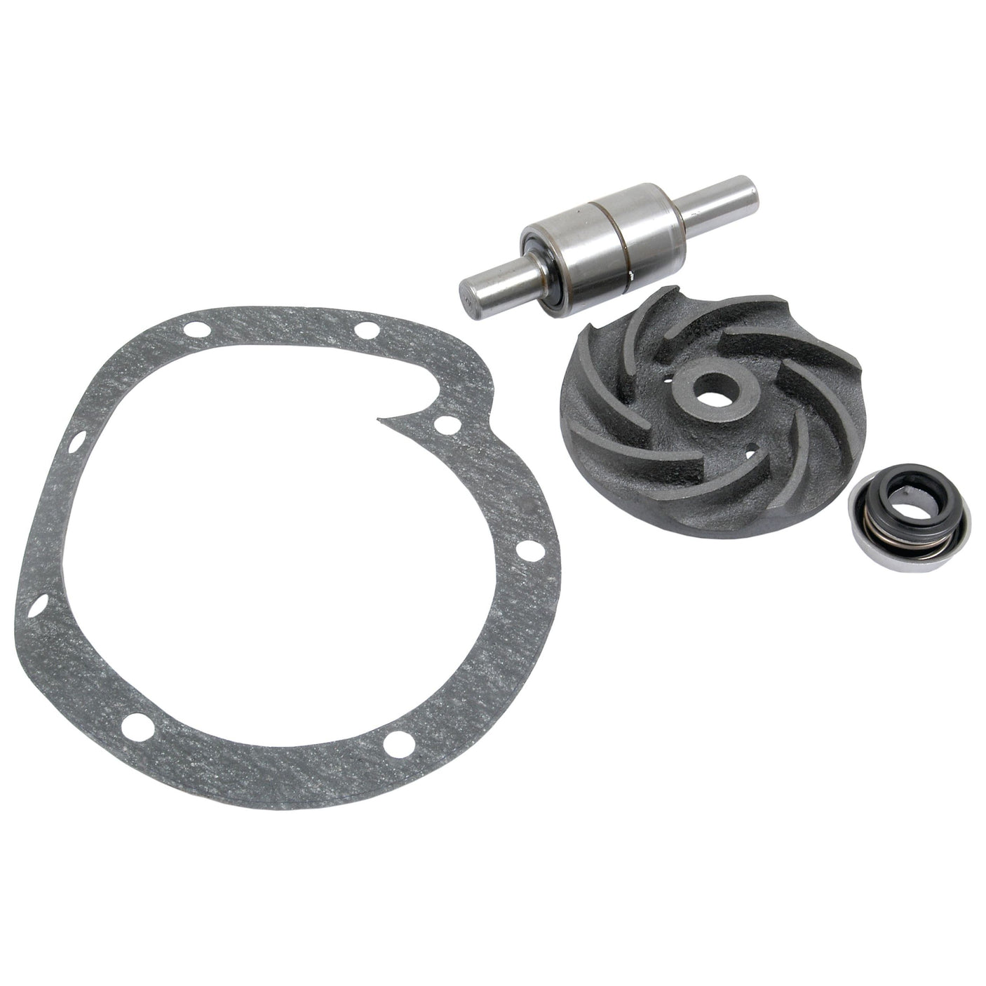 A set of mechanical parts from the Sparex Water Pump Repair Kit (Sparex Part No.S.63075), including a gasket, bearing, impeller, and washer, arranged on a white background.