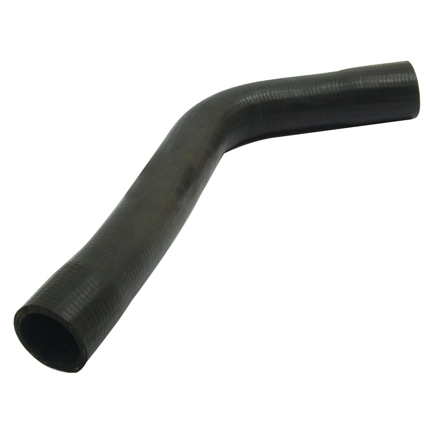 A black, curved rubber hose with one end slightly angled, used in automotive or industrial applications, secured firmly with a Sparex S.4330 hose clip is available as the Bottom Hose by Sparex, featuring an inner diameter of 38.3mm on both ends (Sparex Part No.S.63089).