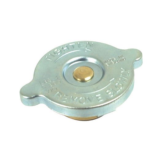 The Radiator Cap - S.63099 by Sparex is a metal radiator cap designed for 4psi systems, featuring a central brass button and two side grips. It comes with engraved instructions to "tighten" and "remove slowly.