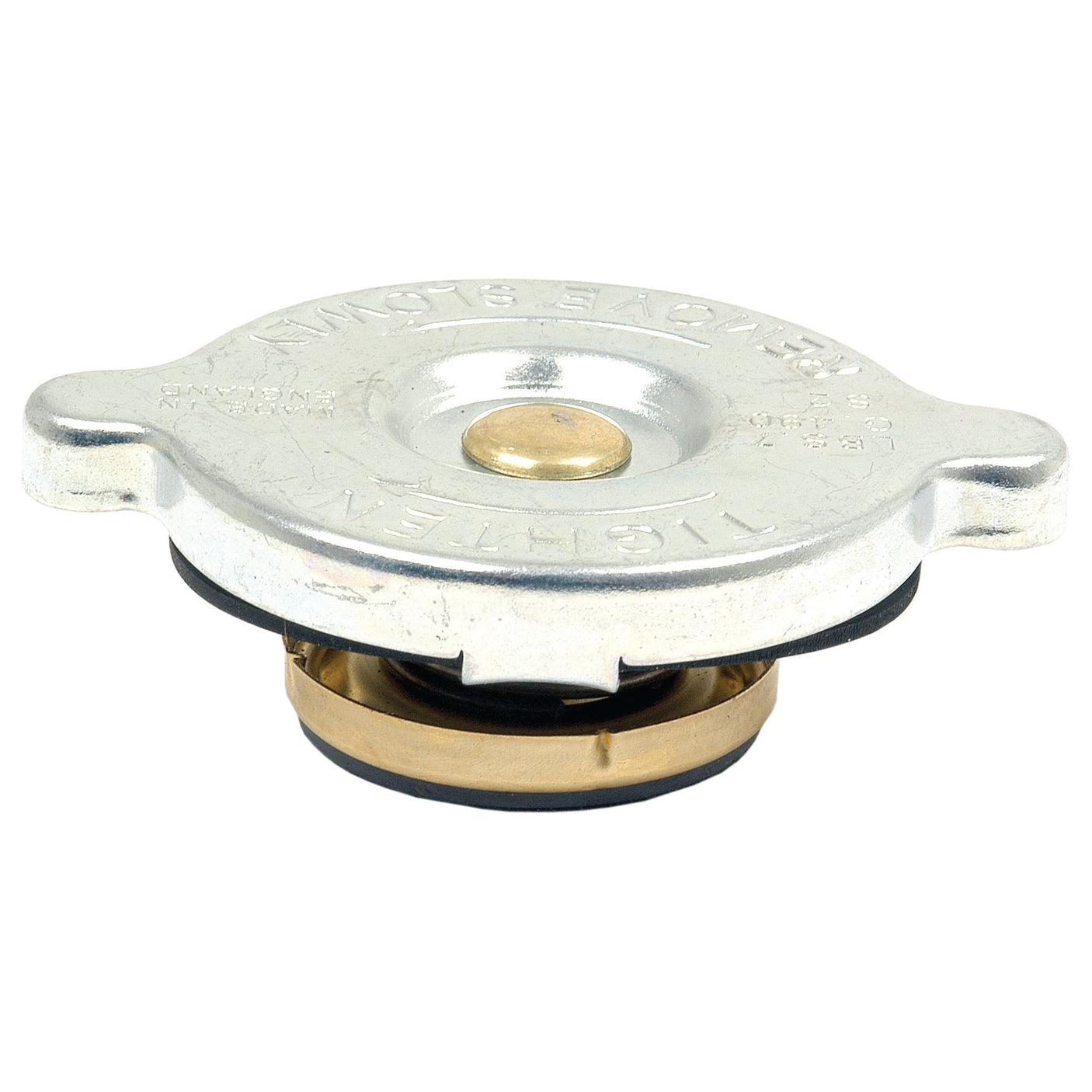 The Sparex Radiator Cap - S.63102 is a metal cap featuring two side handles and a central 7psi pressure release valve, commonly used in automotive cooling systems.
