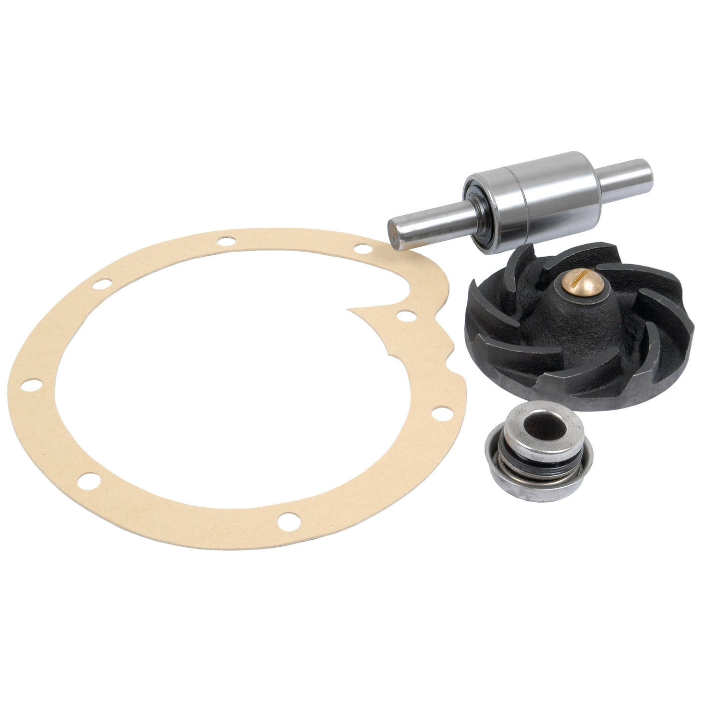 A set of mechanical components, featuring a gasket, a cylindrical metal piece with bearings, a black impeller, and a small metal seal part, arranged on a white surface—ideal for your Water Pump Repair Kit for Case IH and International Harvester equipment. Get the Sparex Water Pump Repair Kit | Sparex Part No.S.63108.