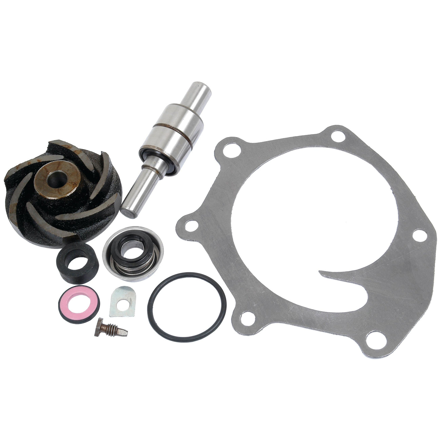 A Sparex water pump repair kit (Part No. S.63115) from David Brown featuring various components, including a metal impeller, shaft, gaskets, seals, and O-rings, arranged on a plain background.