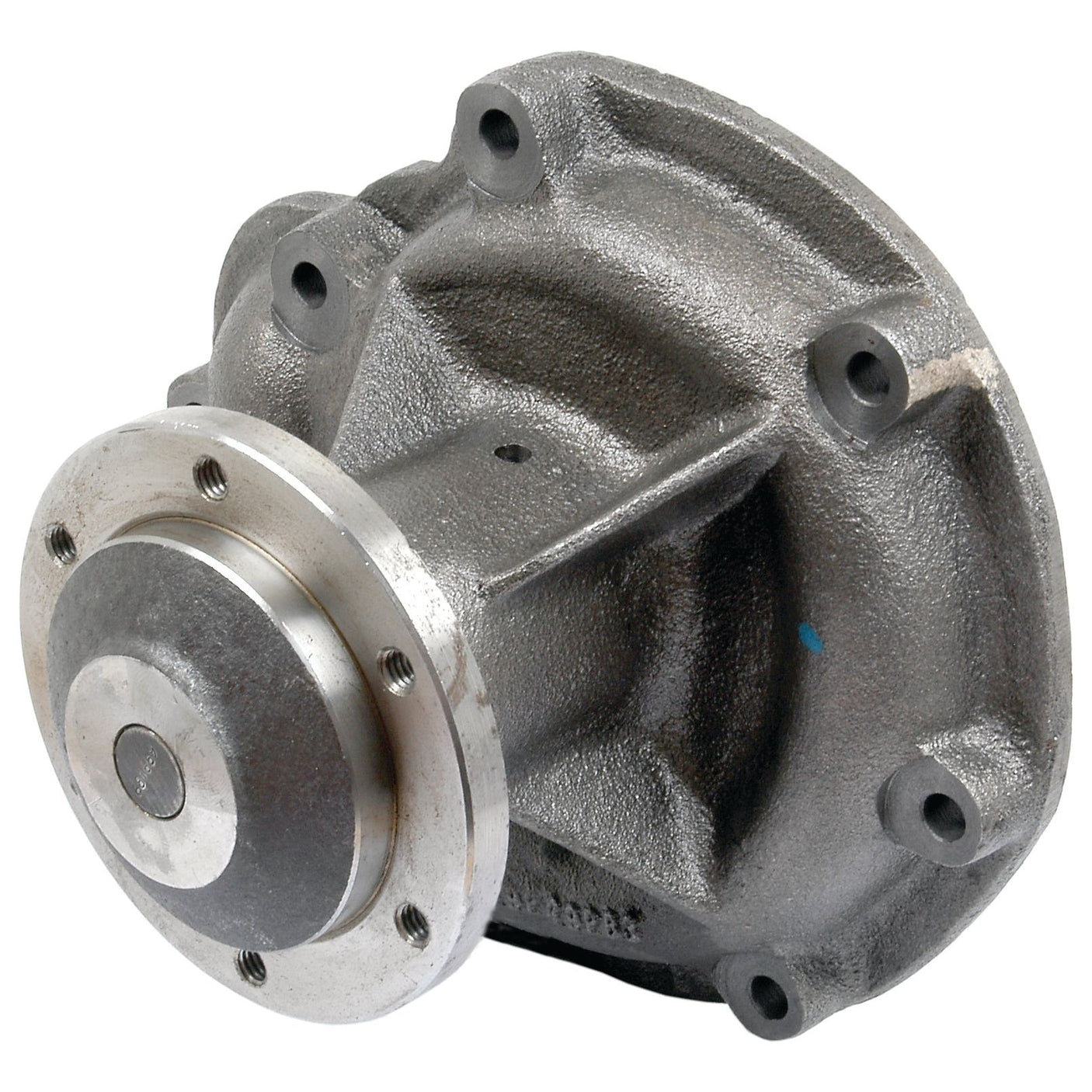 A metal mechanical component with a circular flange, multiple bolt holes, and a robust, ridged body, the Sparex Water Pump Assembly (Supplied with Pulley) | Sparex Part No. S.63118 is often found in International Harvester or Landini machinery.