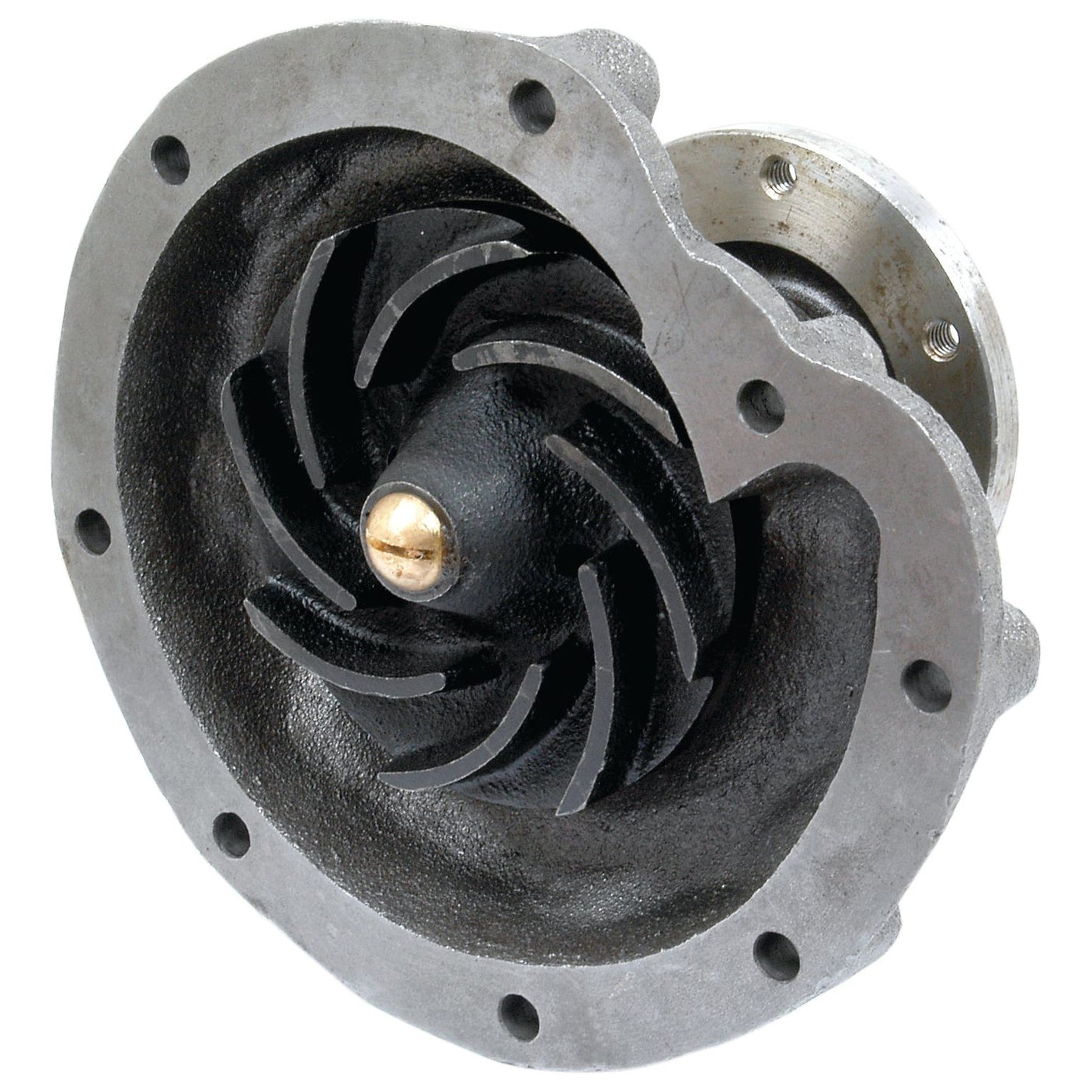 Image of a Sparex Water Pump Assembly (Supplied with Pulley), featuring a metal impeller with curved blades and a central hub, mounted on a flange. Product Part No. S.63118.