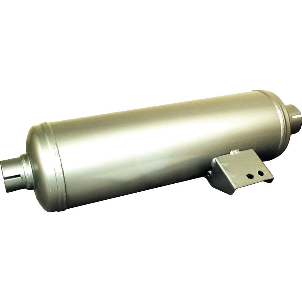 The Sparex Silencer - Horizontal - S.6313 is a cylindrical aluminum muffler designed for vehicles, featuring an inlet and outlet pipe, along with a mounting bracket, ensuring reliable performance.