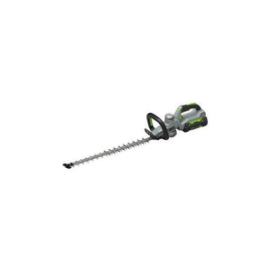 The EGO Hedge Trimmer 51cm - EGHT5100E features a cordless design with a green and grey handle, powered by a 56V ARC Lithium-ion battery, and equipped with a long cutting blade for efficient garden hedge cutting.