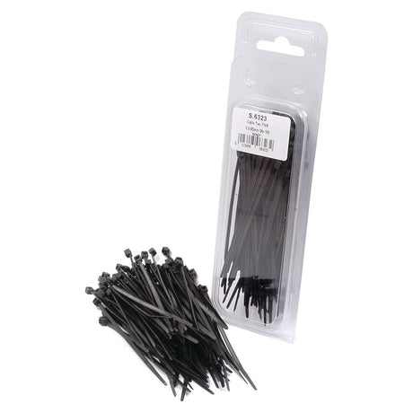 A pile of black cable ties next to clear plastic packaging containing more Sparex Cable Ties - Non Releasable, 95mm x 2.5mm (Sparex Part No.S.6323).