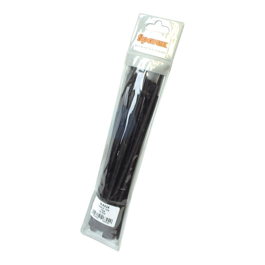 A pack of Sparex's Cable Tie - Non Releasable, 200mm x 4.8mm (Sparex Part No. S.6324) in black, housed in a clear plastic package with a label at the top and barcodes at the bottom.