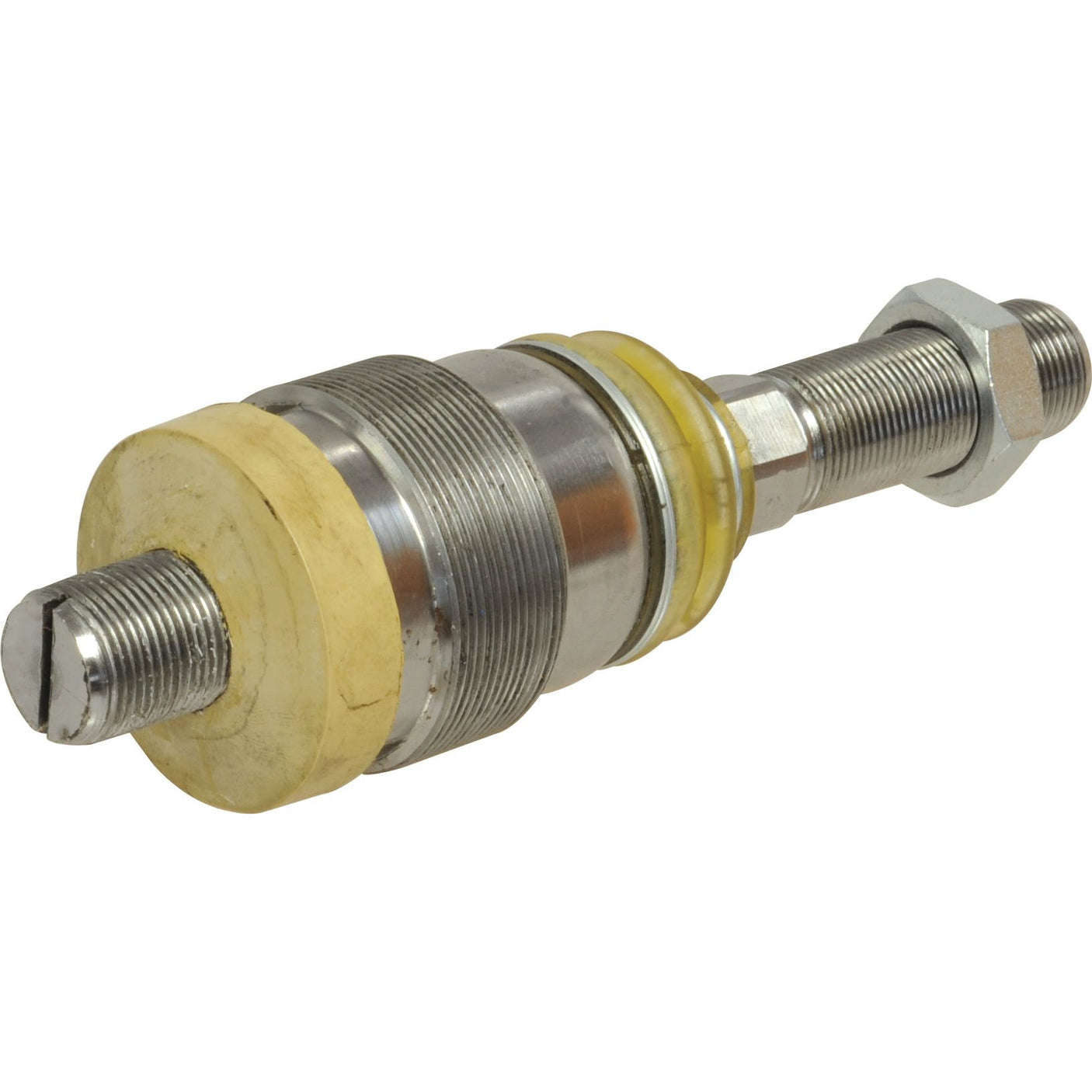 A close-up of the Sparex Steering Joint, S.63257, a 202mm threaded metal rod component featuring multiple cylindrical sections, nuts, and a yellow plastic ring. This M22 x 1.5 piece is essential for various applications and aligns with Tariff Code 8708949900.